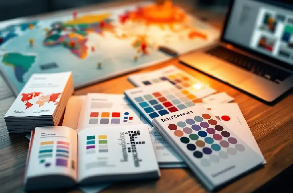 Professional designer's workspace with colorful world map, brand style guides, laptop showing design template, and focused desk lighting.