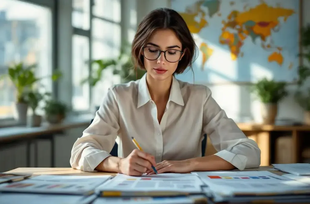 Professional businesswoman reviewing international vendor proposals at office desk with world map background