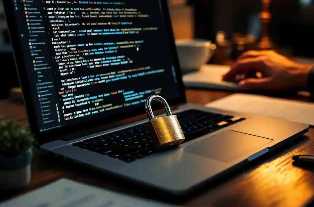 Laptop with brass padlock on keyboard displaying code, surrounded by translation documents on wooden desk