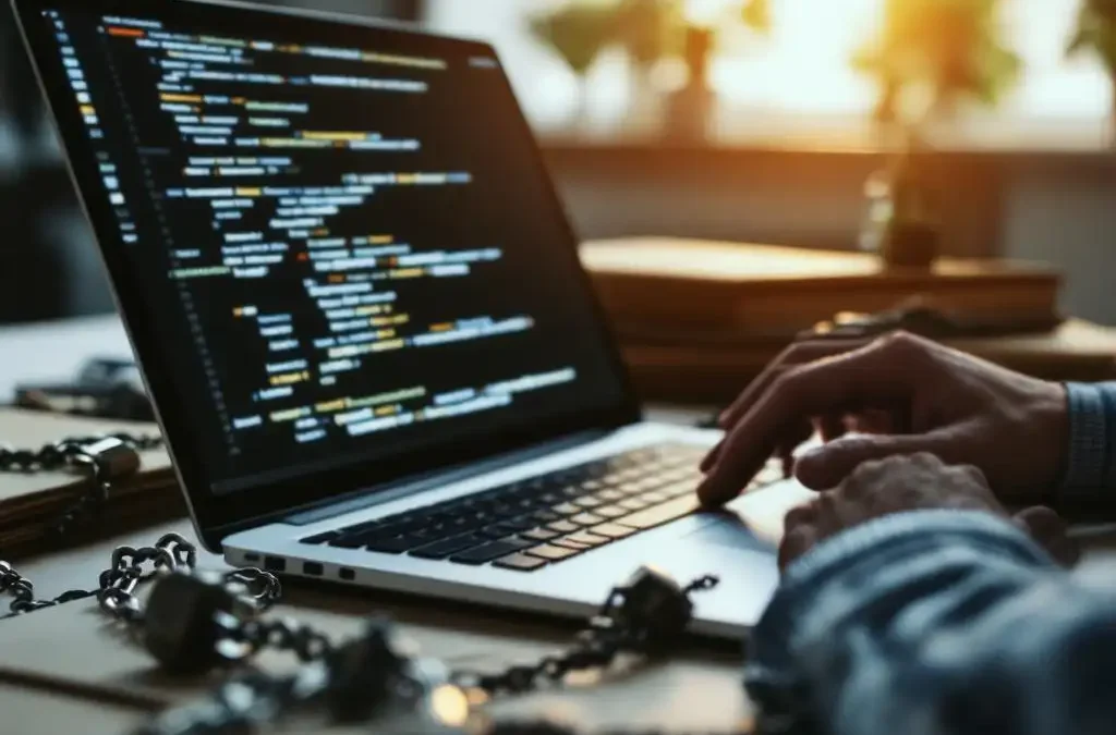 Professional typing on laptop with code while secured manila folders with chains and locks sit on modern office desk