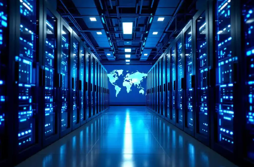 Modern data center with rows of servers connected by glowing blue fiber optic cables and world map displaying global network nodes