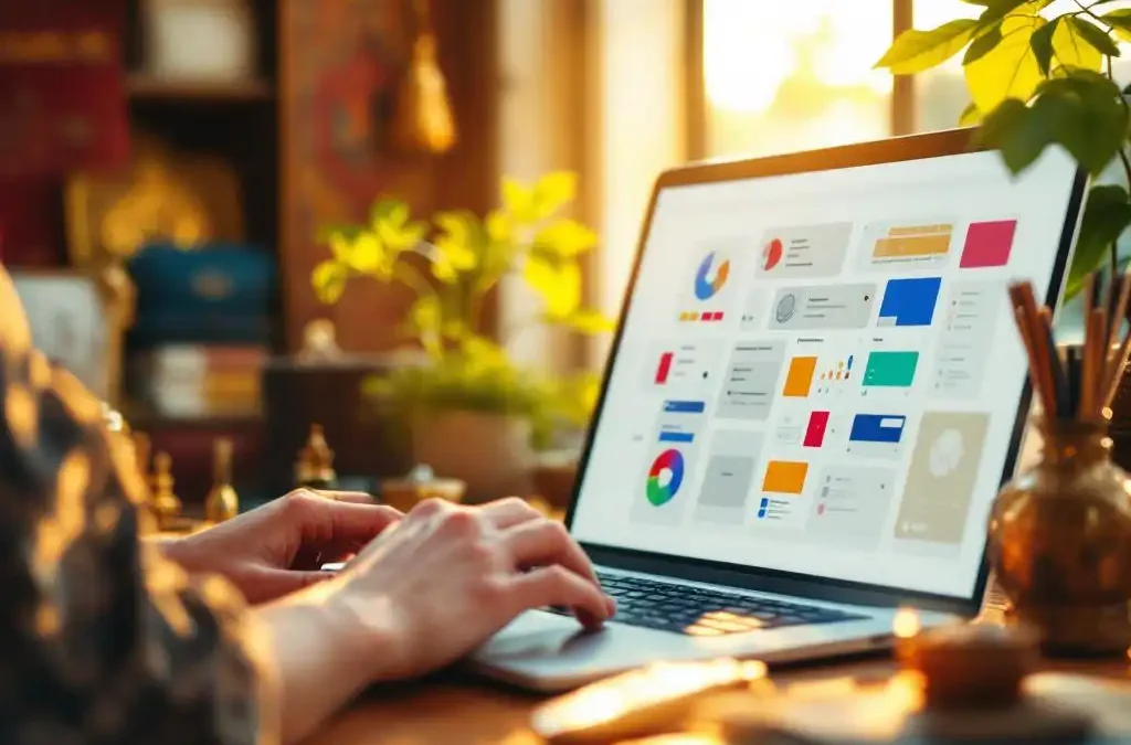 Designer's hands adjusting colorful interface elements on laptop surrounded by traditional cultural artifacts in warm lighting.