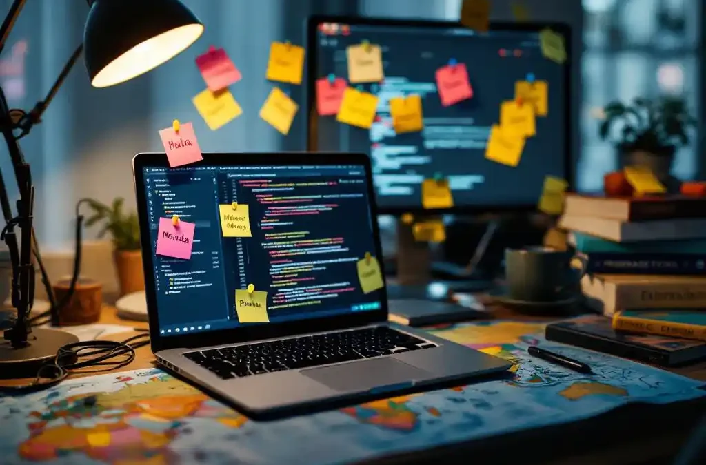Developer's laptop displaying code surrounded by multilingual sticky notes, world map with pins, and translation dictionaries on wooden desk.