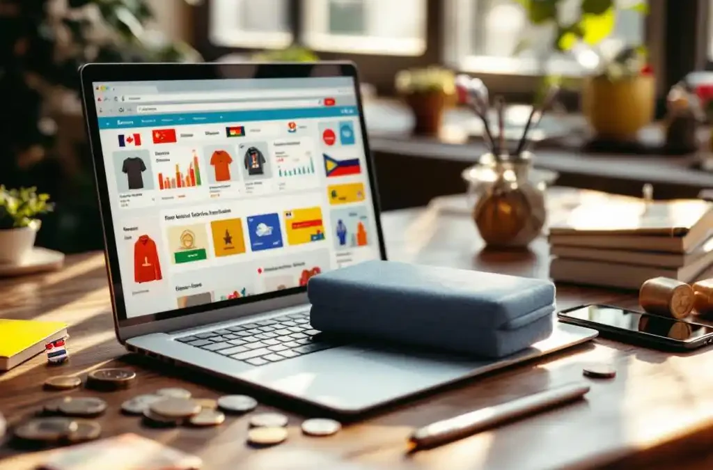 Laptop displaying colorful e-commerce interface on wooden desk with international flags, currency, and smartphone showing mobile shopping screens.