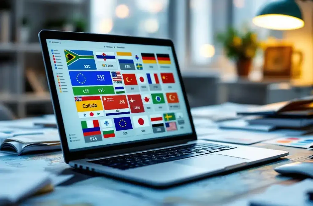 Modern laptop displaying multilingual interface surrounded by international documents, flags, currency symbols, and world map on office desk.