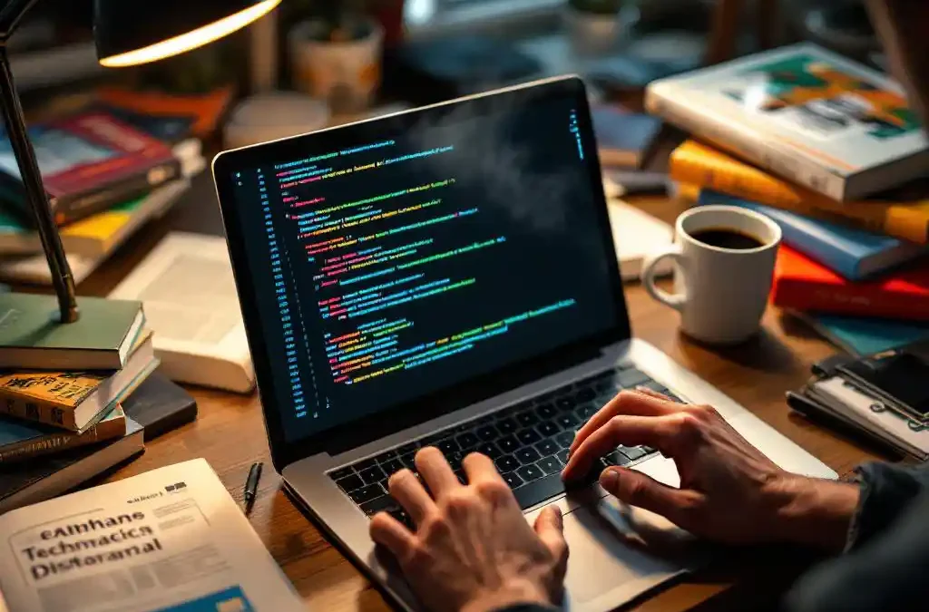 Laptop displaying colorful code documentation with translation dictionaries, coffee mug, and hands typing at workspace
