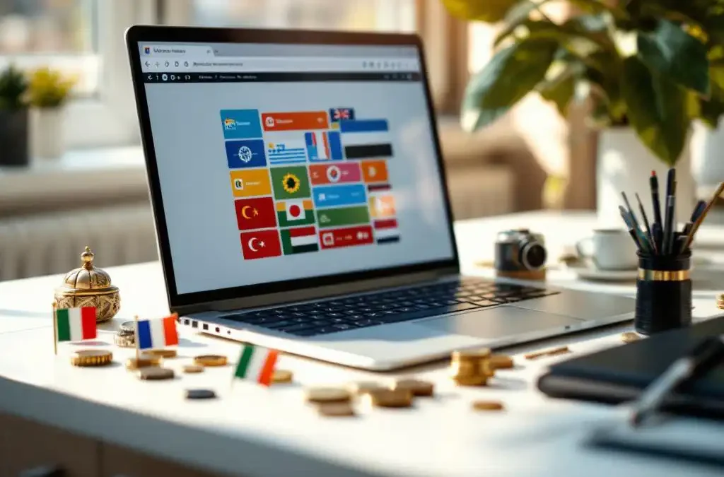 Modern laptop displaying multilingual interface surrounded by international flags, coins, and cultural artifacts on white desk