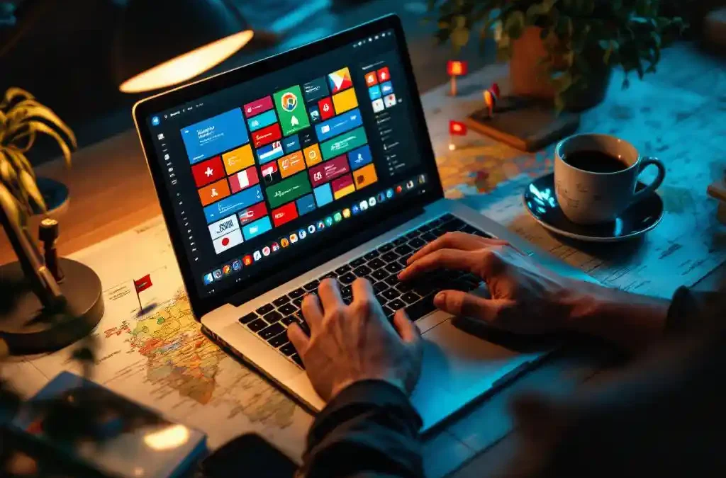 Laptop displaying multilingual interface on world map with international flags, hands typing, coffee cup and desk lamp nearby