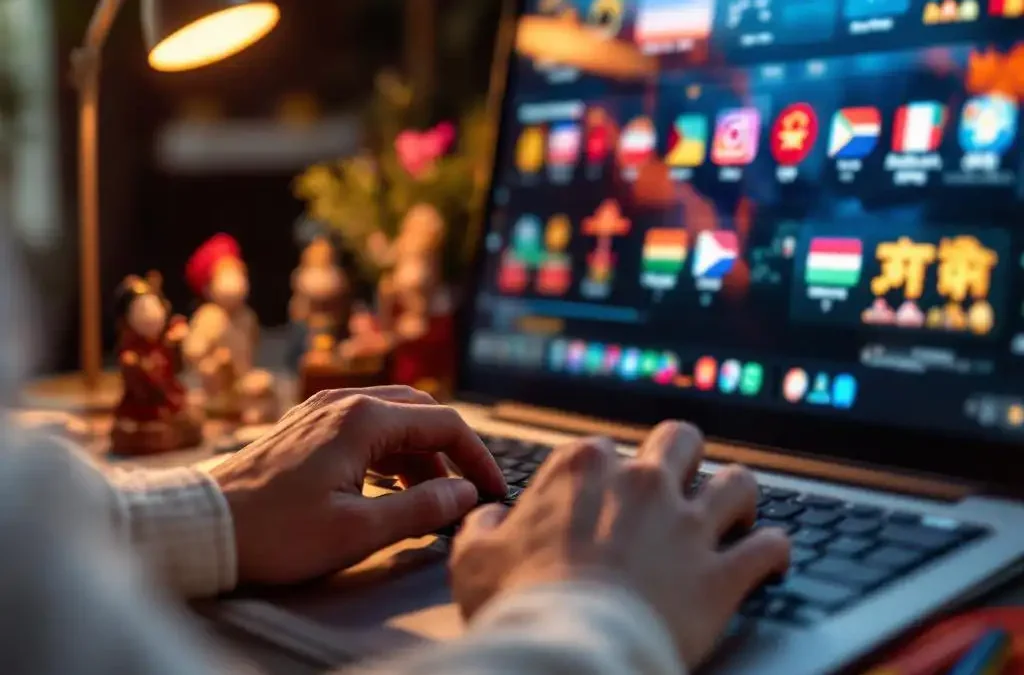 Hands typing on laptop keyboard with multicultural interface on screen, surrounded by traditional artifacts from various countries