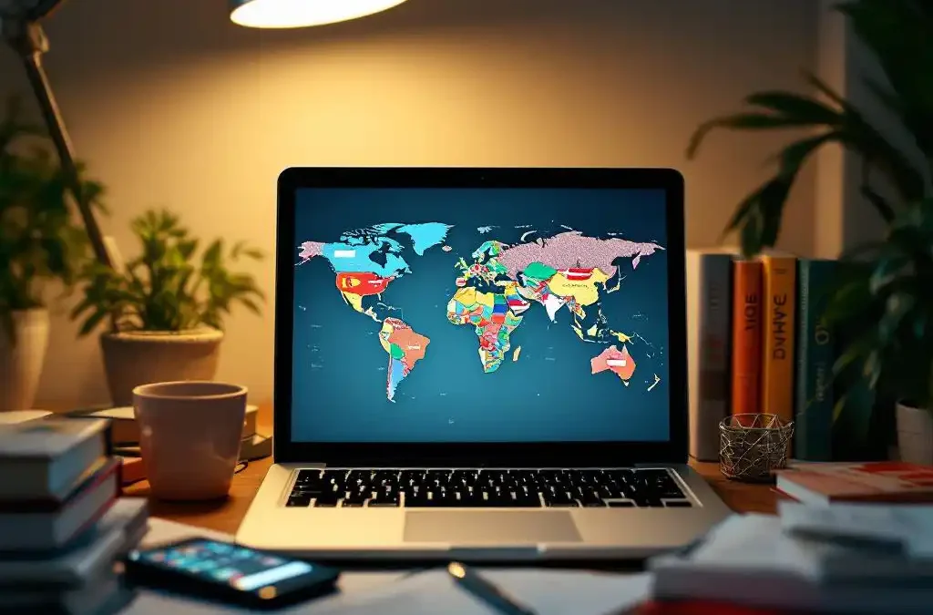 Laptop displaying world maps and language flags surrounded by dictionaries and translation books on illuminated desk