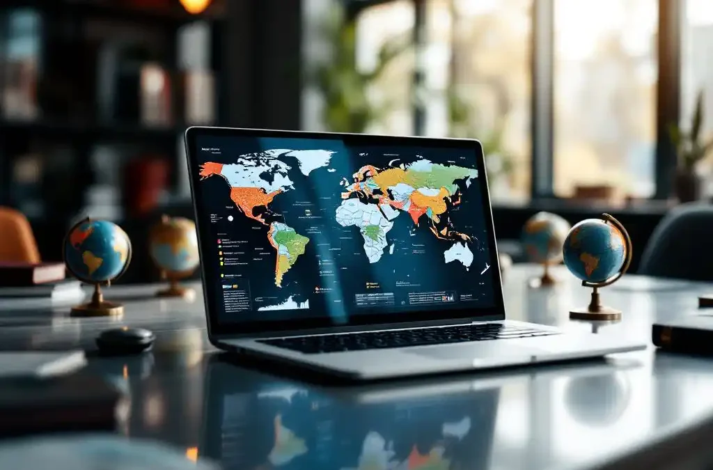 Modern laptop displaying colorful world maps on conference table surrounded by globes and translation dictionaries in bright office