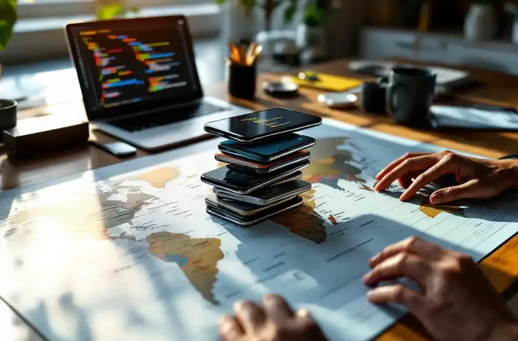 Smartphones displaying different language interfaces on world map at modern workspace with laptop showing code in background