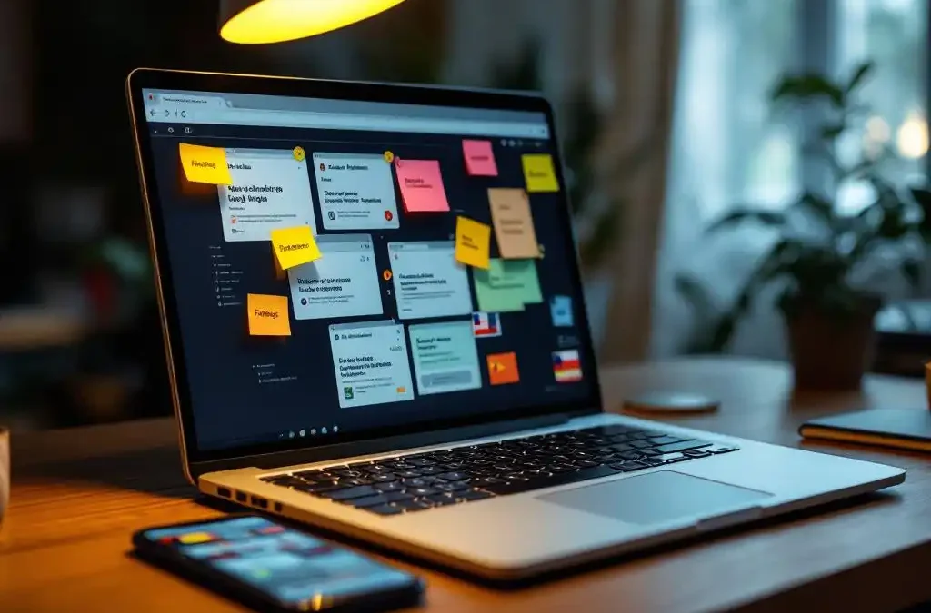 Modern laptop displaying multilingual website tabs with country flag sticky notes, smartphone beside showing synchronized content on wooden desk