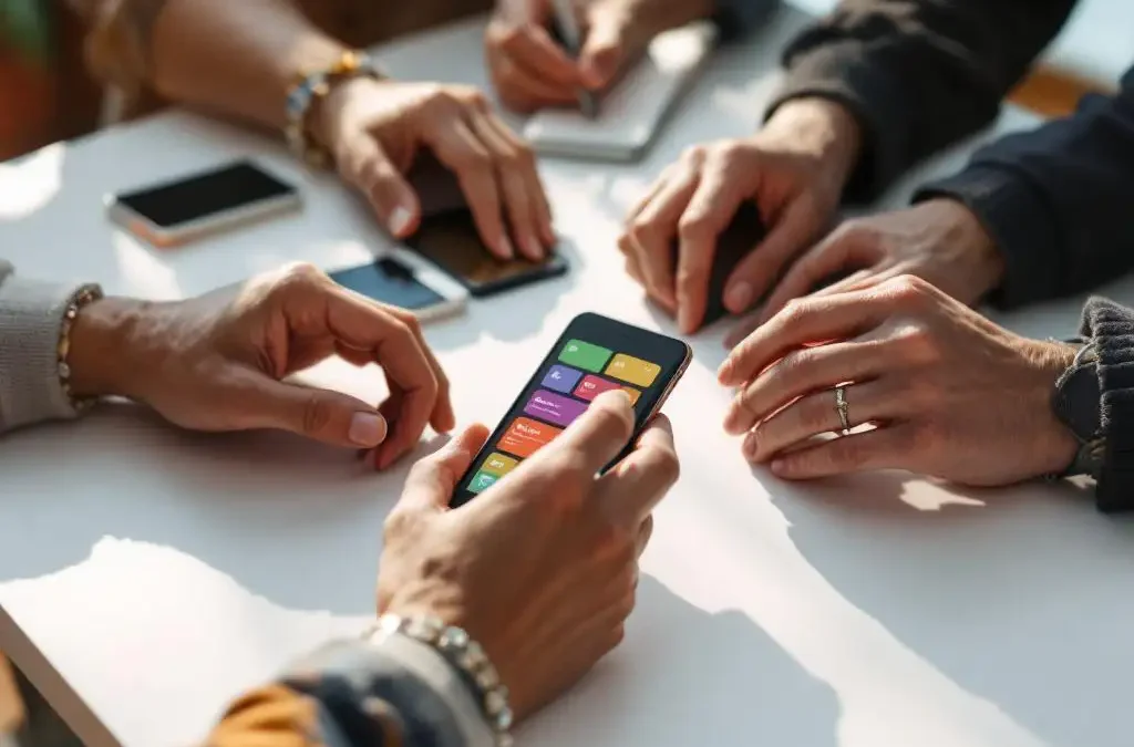 Diverse hands using smartphone with multilingual interface, surrounded by screen reader and braille display devices on desk
