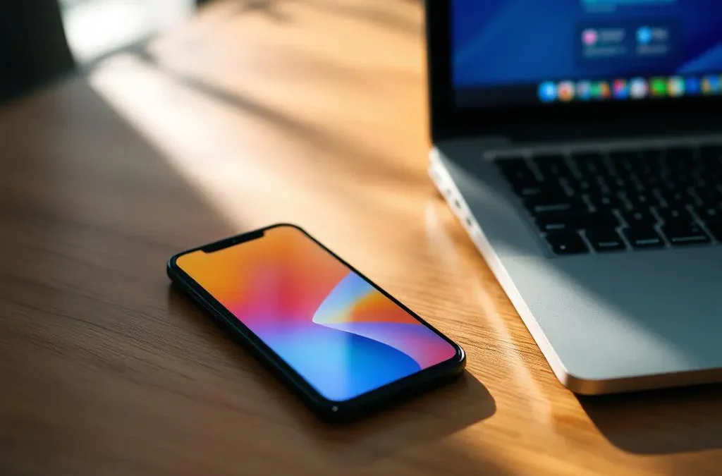 Smartphone leaning against laptop on wooden desk, both displaying same mobile app interface in natural lighting