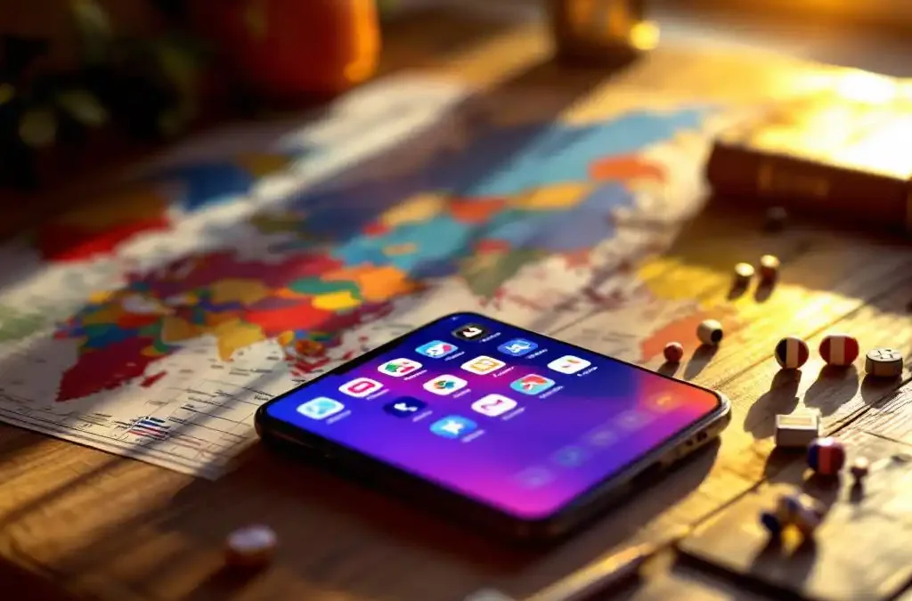 Smartphone with multilingual app interfaces on wooden desk beside world map and international flags in golden lighting.