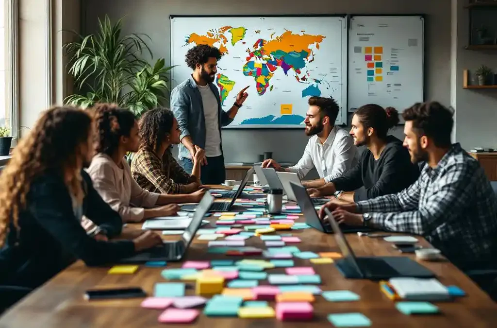 Diverse software development team collaborating around conference table with laptops, code interfaces, and world map.