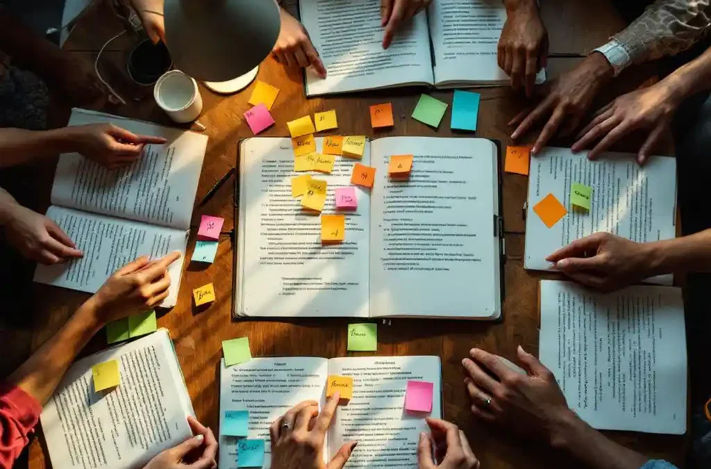 Diverse hands collaborating over translation documents and multilingual texts on wooden table with colorful notes