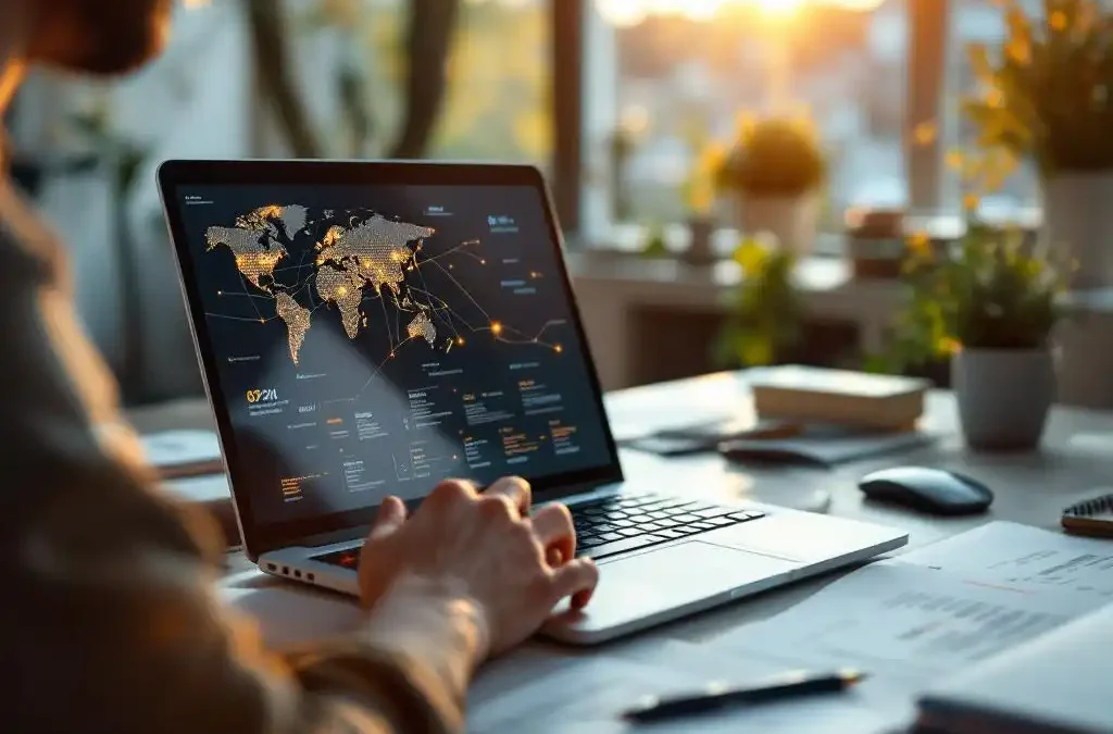 Professional translator typing on laptop displaying world map with connection points, surrounded by multilingual documents on modern office desk.