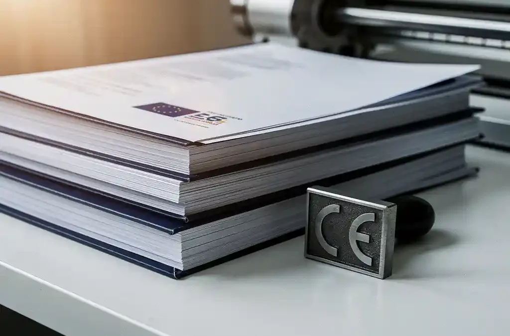 Stack of EU compliance documents and technical safety manuals on a white desk with a CE marking stamp and industrial component in background.