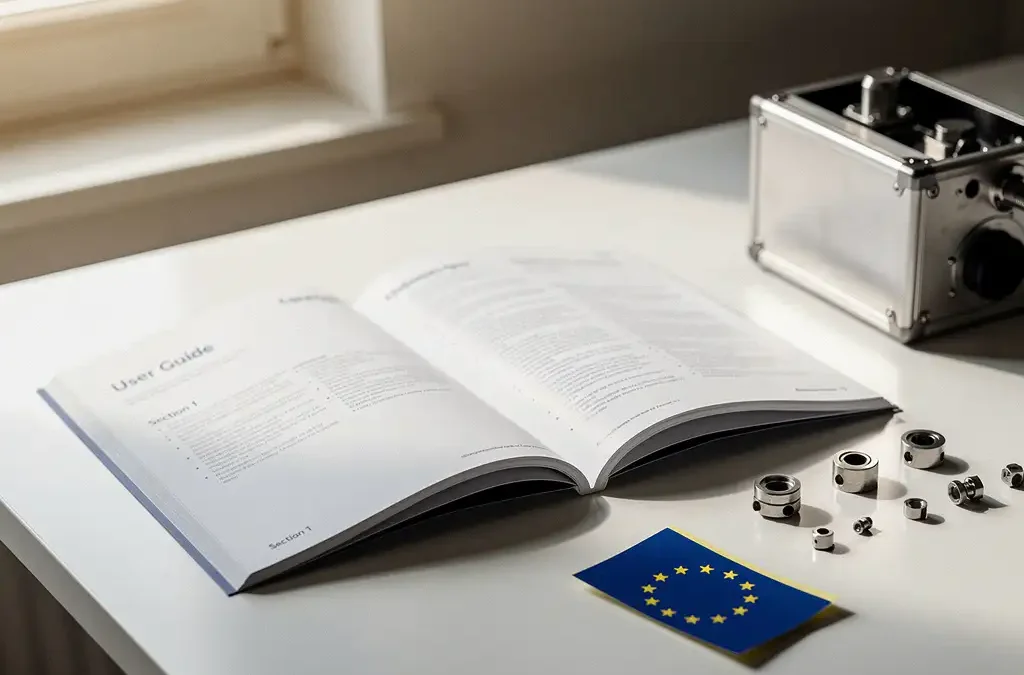 Open product manual on white desk with mechanical components, steel-cased device, and EU-flagged sticky note in warm natural light.