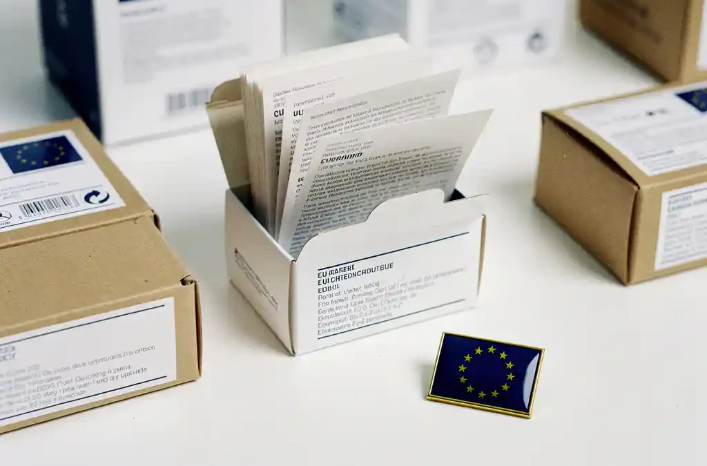 Consumer product packages on white surface with open box revealing multilingual inserts and a small EU flag pin nearby.