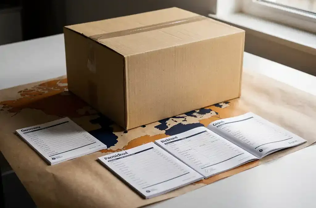 Export carton with multilingual product manuals on a warehouse desk in Amsterdam, European map on kraft paper beneath, warm amber lighting.