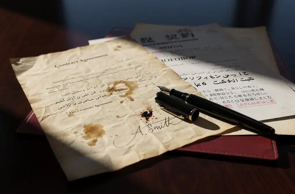 Crumpled signed contract with coffee stains beside multilingual documents in Arabic, Japanese, and Cyrillic scripts, broken pen across papers on a boardroom table.