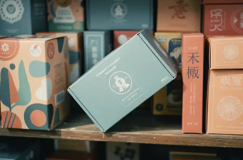 Product box tipped sideways on a foreign market shelf, standing out among culturally distinct local packaging in unfamiliar scripts, cool slate blue and terracotta tones.