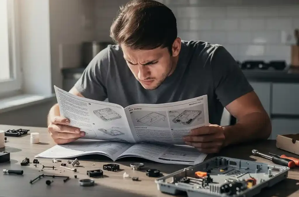 Frustrated customer hunched over a dense product manual at a kitchen table, disassembled device nearby, confusing diagrams visible.