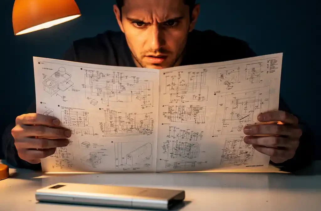 Frustrated person examining a dense multilingual product manual beside an unused electronic device under warm amber lamplight.