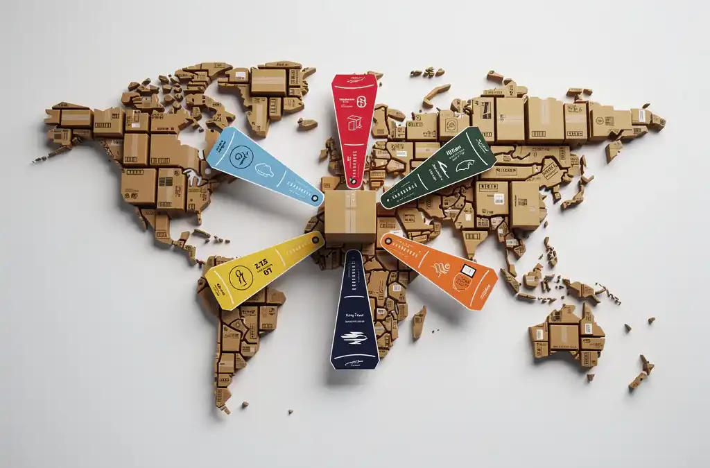 World map formed by shipping boxes and product packaging arranged on a white surface, with ten destination-labeled packages fanning from a central hub box.
