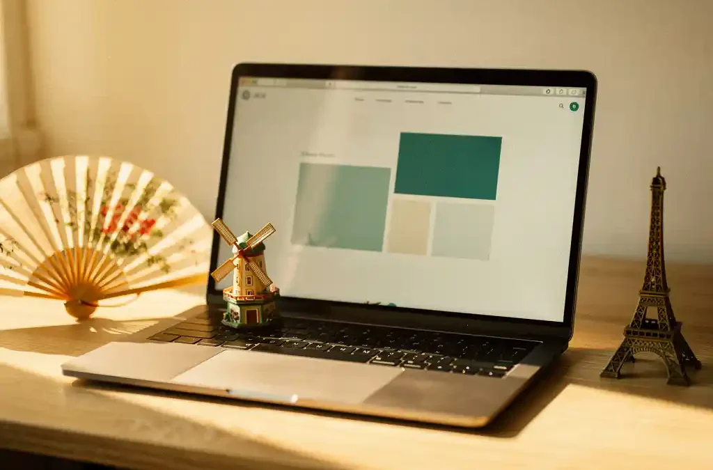 Laptop displaying a clean website on a oak desk surrounded by a Japanese fan, Dutch windmill, and Eiffel Tower figurine in warm golden-hour light.