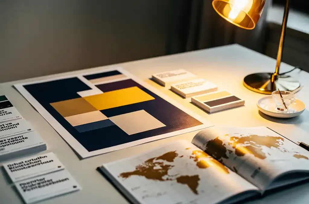 Marketing campaign poster mid-redesign on an Amsterdam studio desk with color swatches, multilingual print proofs, and a world atlas under warm amber lamplight.