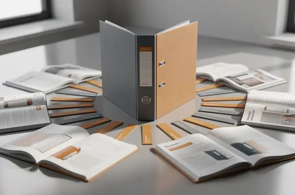 Central master binder on a modern desk surrounded by color-tabbed product manuals fanned in an arc, shot in warm amber and slate tones with soft natural light.
