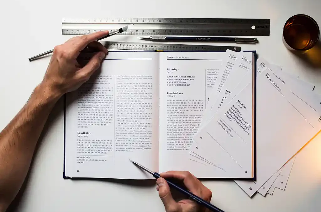 Designer's hands adjusting typeset columns on a multilingual document layout, surrounded by translation sheets and alignment guides on a white desk.