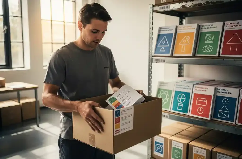 Warehouse worker packing multilingual document manuals into a shipping box, with organized printed materials on metal shelving in an Amsterdam warehouse.