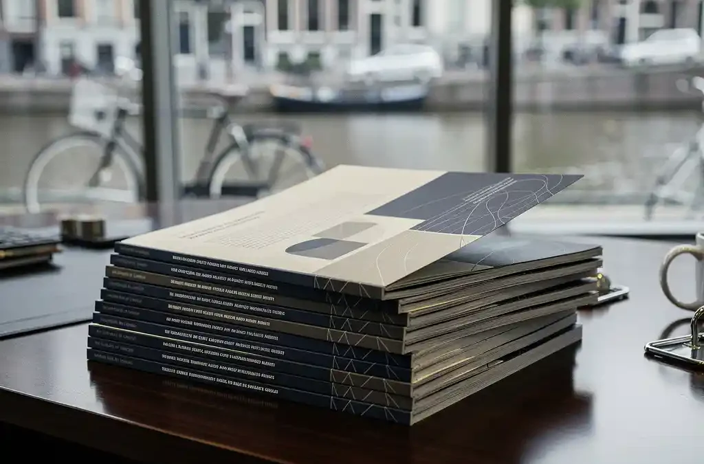 Stack of multilingual technical manuals fanned open on a corporate desk, Amsterdam canal visible through floor-to-ceiling windows in soft focus.
