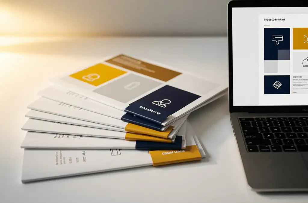 Multilingual product manuals fanned on a white desk beside a laptop showing a document portal, with amber and navy tabbed dividers.