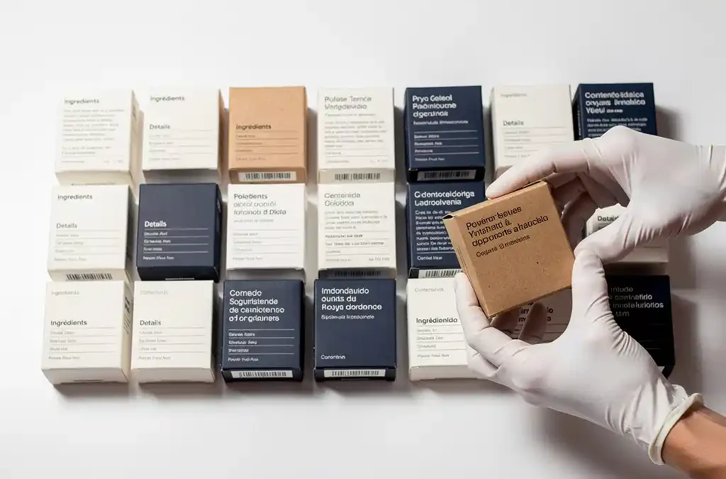 White-gloved hands inspecting multilingual retail product boxes in navy, ivory, and kraft-brown tones arranged on a white surface.