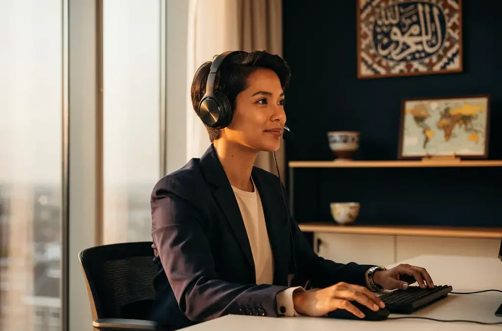 Multilingual customer support agent wearing a headset at an Amsterdam office desk with a Japanese ceramic cup, European map, and Arabic calligraphy in warm natural light.