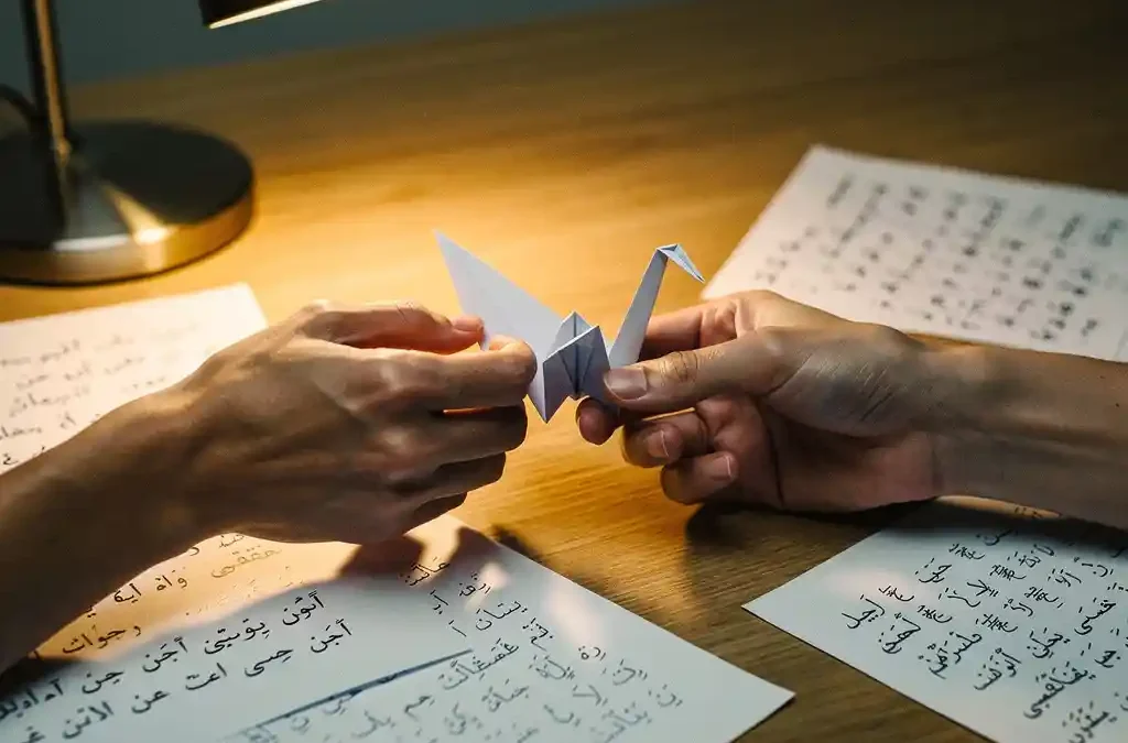 Hands exchanging a folded origami crane over an oak desk scattered with handwritten notes in Arabic, Japanese, and Latin scripts, lit by warm lamplight.