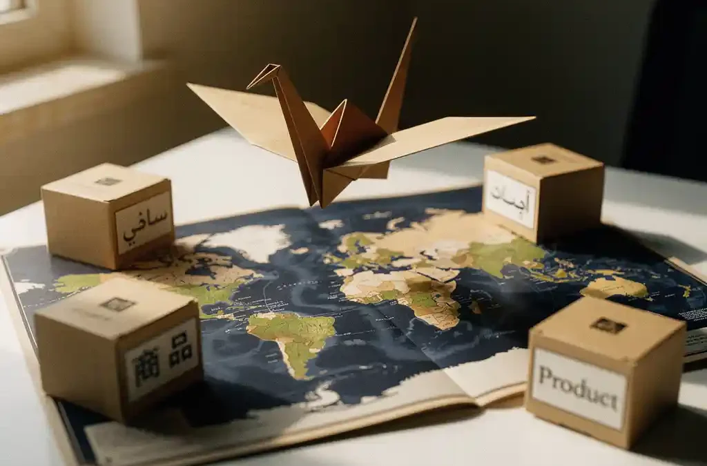 Origami crane in flight over a world map on a white desk, surrounded by multilingual product packaging in warm amber and navy tones.