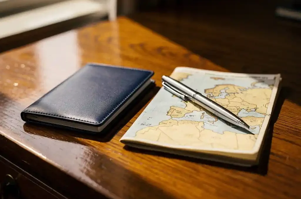 Leather passport and folded European map on oak desk with multilingual documents and fountain pen, warm Amsterdam canal light.