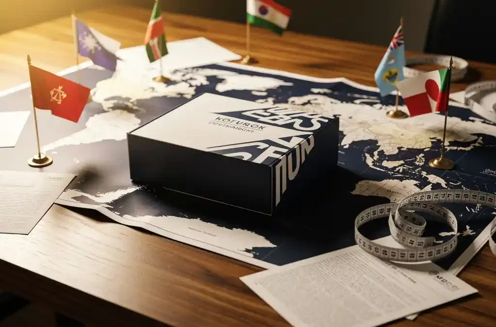 Product box centered on a world map atop an oak desk, surrounded by national flags, foreign documents, and a measuring tape in warm golden light.