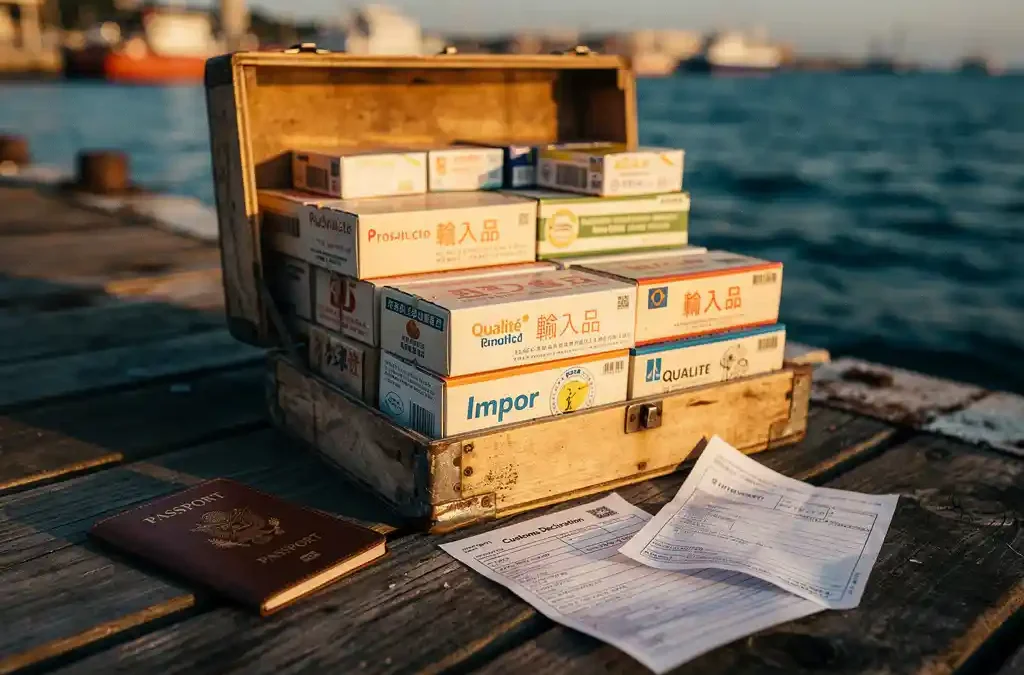 Open wooden shipping crate on a weathered dock revealing multi-country product boxes, leather passport, and customs documents in golden afternoon light.