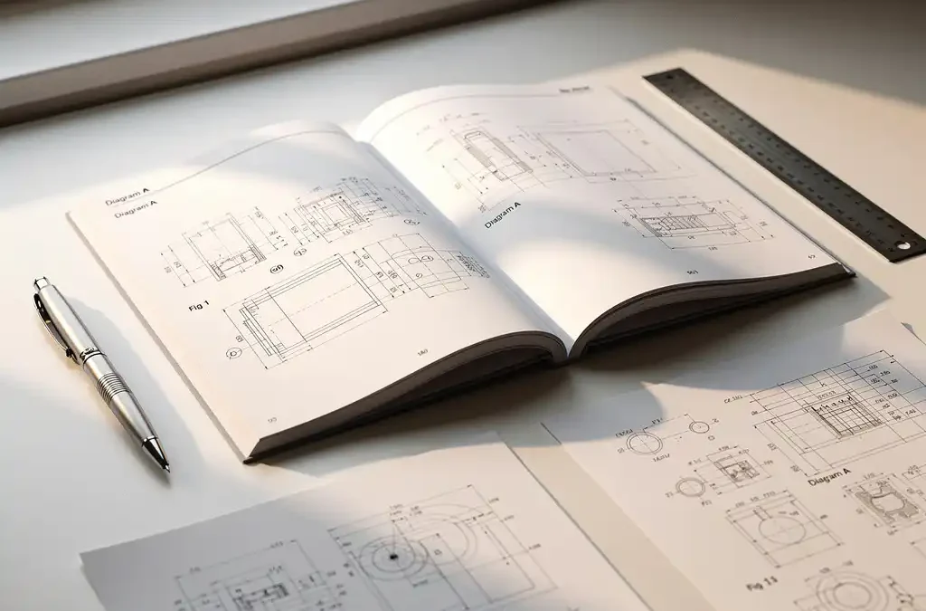 Open technical instruction manual on a white desk with a mechanical pen, steel ruler, and printed pages bearing engineering diagrams in warm amber light.