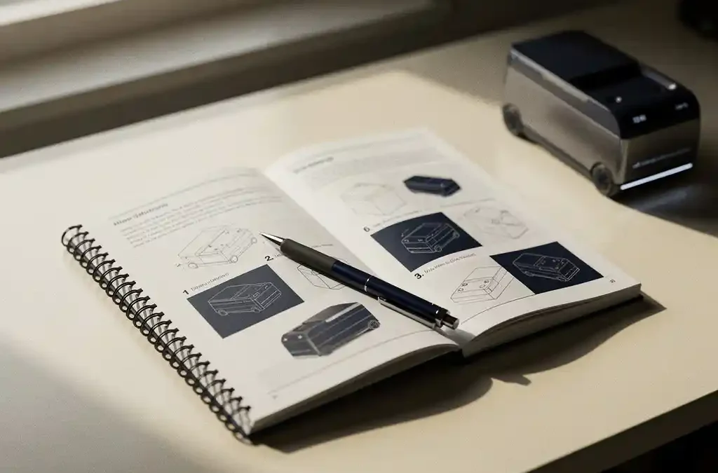 Open spiral-bound technical manual with diagrams and a fine-tipped pen on a tidy desk beside a product prototype in warm natural light.