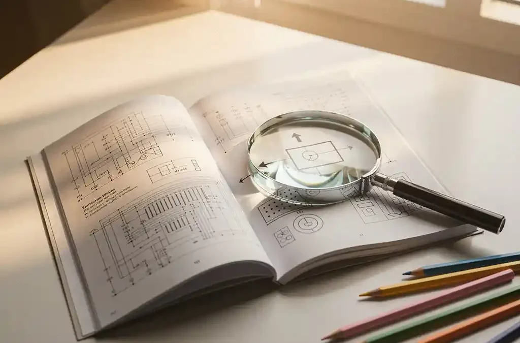 Technical manual open on a desk with a magnifying glass highlighting a simplified diagram, colored pencils nearby, warm natural light.