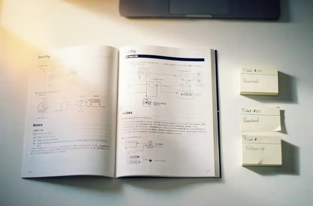 Open technical manual on white desk with support tickets consolidating into a neat stack, laptop blurred in background.